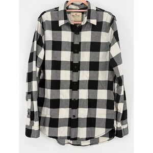 Hollister Mens Longline Fit Buffalo Plaid Flannel Shirt Black White Medium